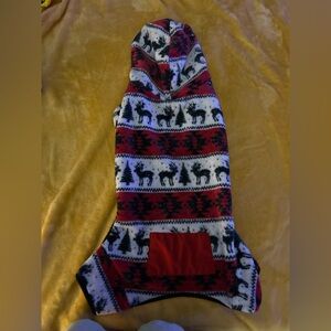 Red and White Hooded Dog Sweater with Reindeer Pattern